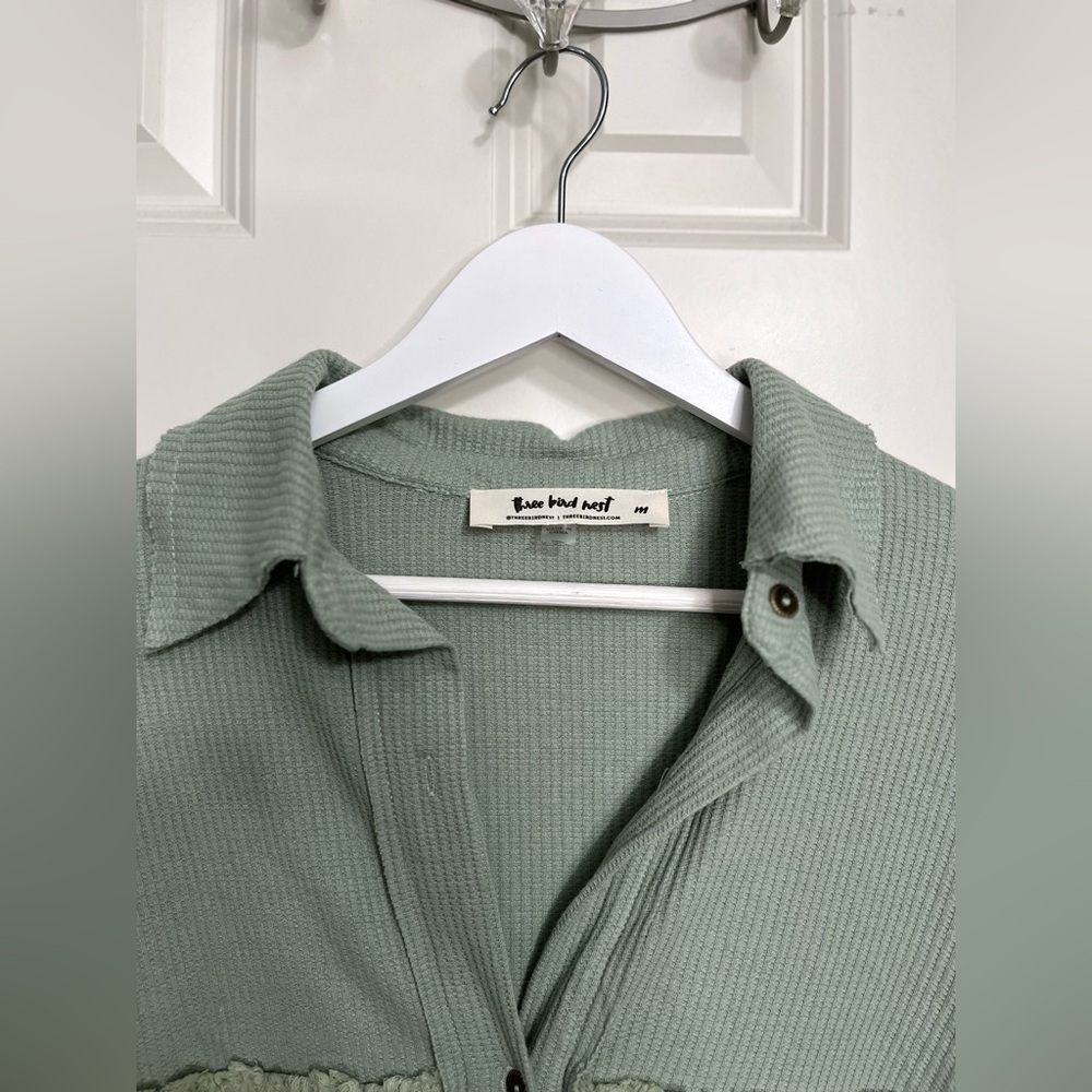 Three Bird Nest Long Sleeve Sage Green Button-Up Dress - Picture 3 of 9